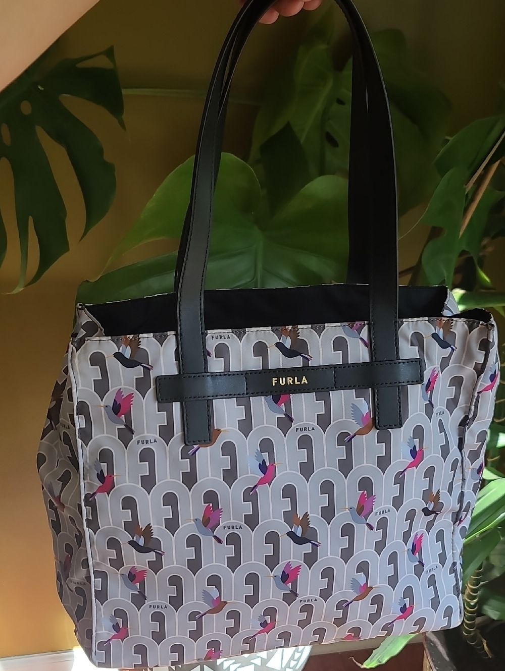 Furla Gray Logo-Print Tote with Pink Bird Accents